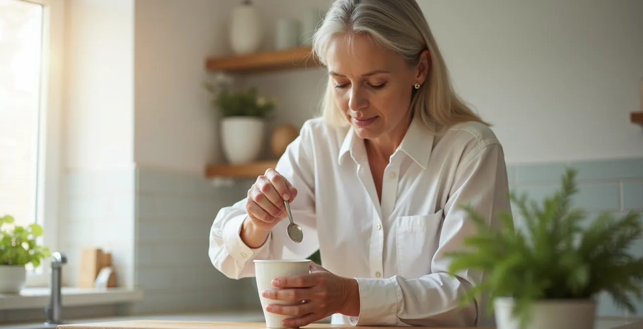 Femme préparant sa dose quotidienne de collagène marin